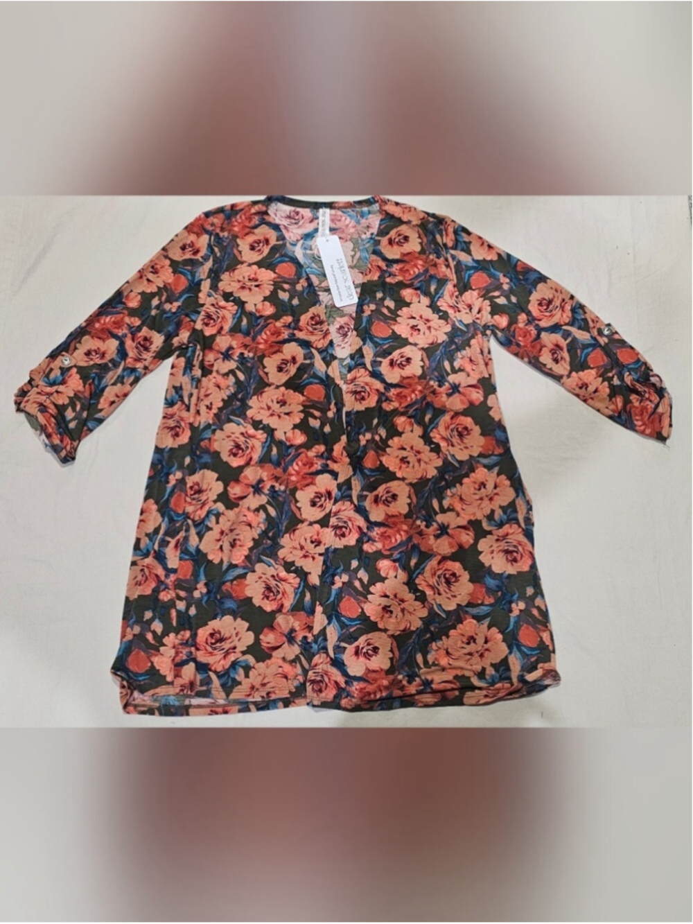 Dear Scarlett Coral & Olive Floral Tunic Cardigan with Navy Accents Womens Large